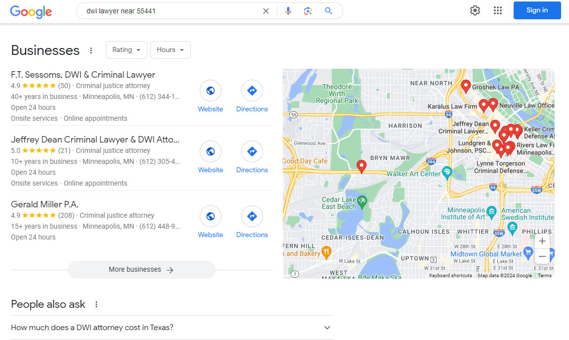 Google Search Results including Local Business Listings